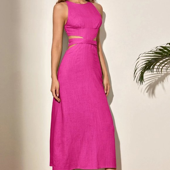 Hot Pink Boho Womens Lace Up Backless Solid Dress - Picture 4 of 5